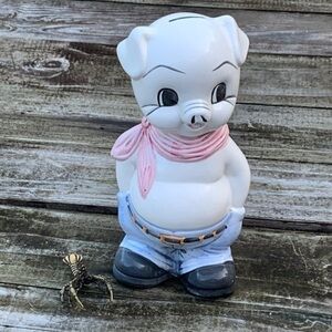Vintage Mid-Century Ceramic Standing Pig Wearing Pants & Bandanna Piggy Bank